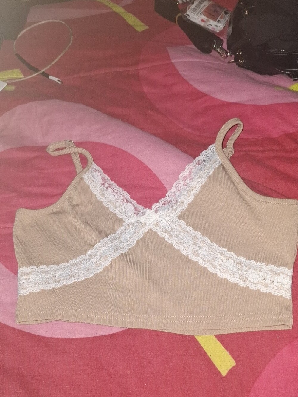 SHEIN Beige Tank Top with White Lace Trim